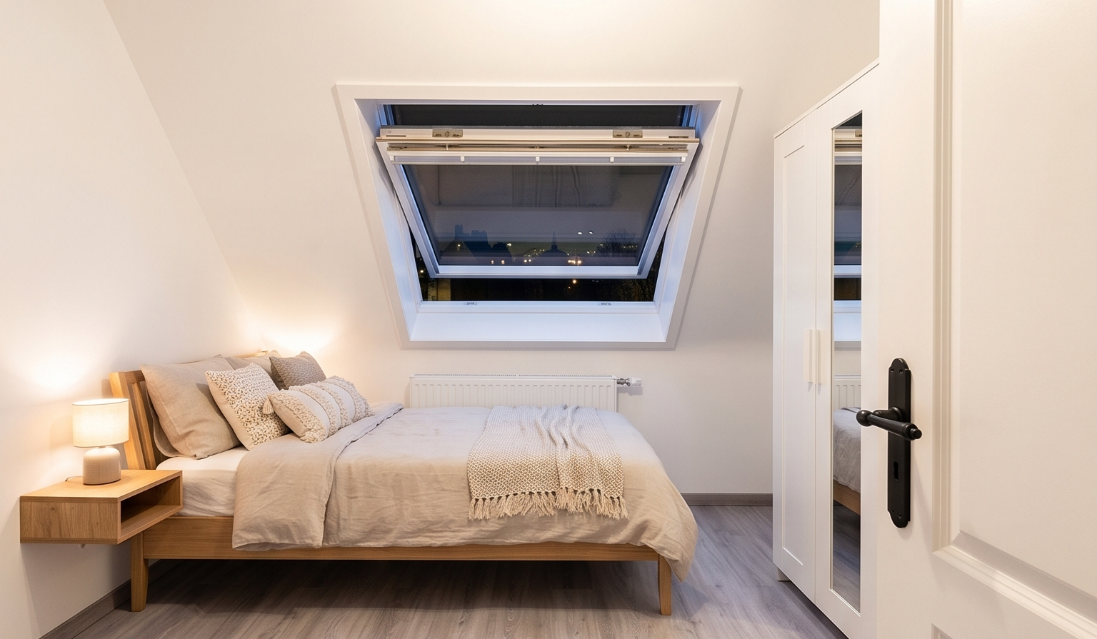 Lichte slaapkamer in een studio van Zonneschijn Zorg met dakraam en houten bed